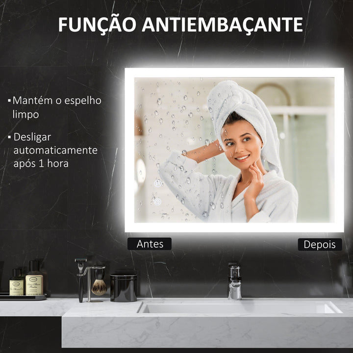 Espelho Casa de Banho com Luzes LED 80x60 cm Espelho de Parede com Função Antiembaciamento 3 Cores Função de Memória Interruptor Tátil e Classificação IP44 Horizontal ou Vertical Prata
