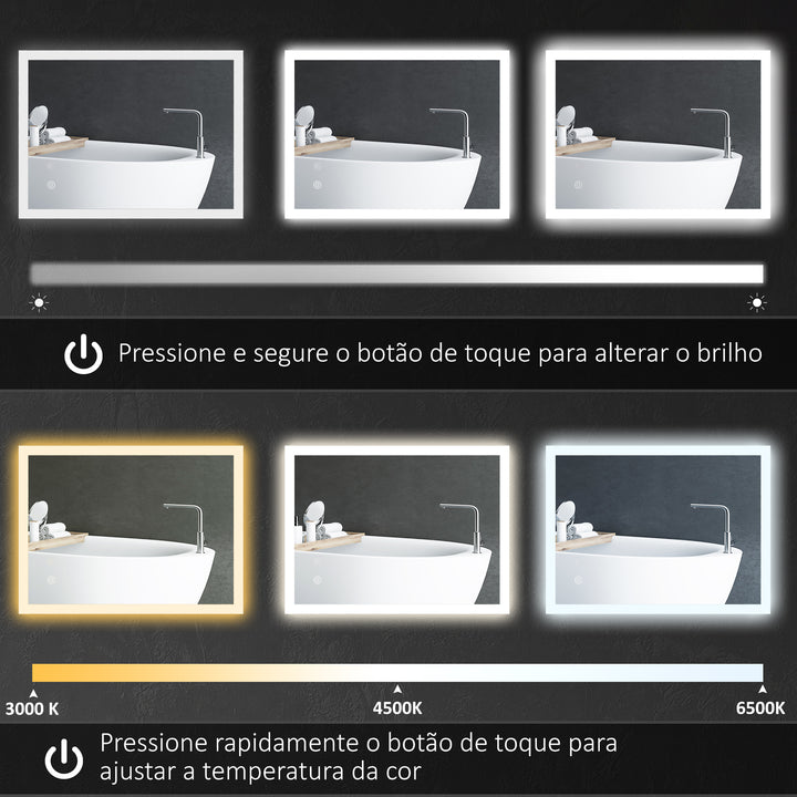 Espelho Casa de Banho com Luzes LED 80x60 cm Espelho de Parede com Função Antiembaciamento 3 Cores Função de Memória Interruptor Tátil e Classificação IP44 Horizontal ou Vertical Prata