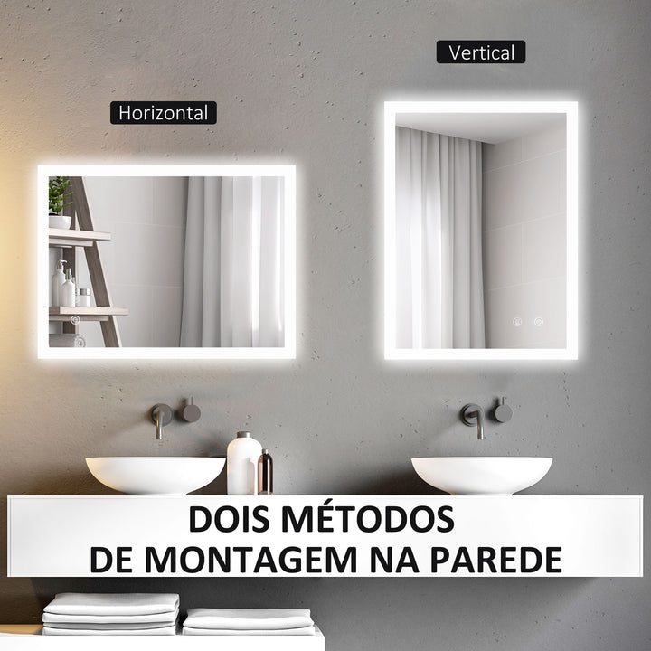 Espelho Casa de Banho com Luzes LED 80x60 cm Espelho de Parede com Função Antiembaciamento 3 Cores Função de Memória Interruptor Tátil e Classificação IP44 Horizontal ou Vertical Prata