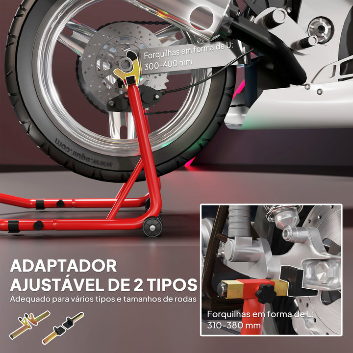 Cavalete Elevador Universal Suporte Roda Traseira Mota de Aço Resistente Carga 544 kg com Forquilhas em U e L Ajustáveis Rodas e Almofadas Antiderrapantes para Reparação e Estacionamento 58,5x34,5x69 cm Vermelho