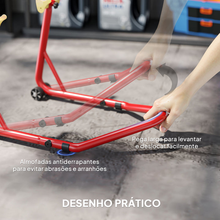 Cavalete Elevador Universal Suporte Roda Traseira Mota de Aço Resistente Carga 544 kg com Forquilhas em U e L Ajustáveis Rodas e Almofadas Antiderrapantes para Reparação e Estacionamento 58,5x34,5x69 cm Vermelho