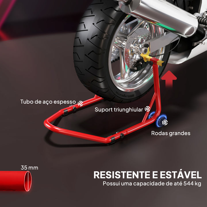 Cavalete Elevador Universal Suporte Roda Traseira Mota de Aço Resistente Carga 544 kg com Forquilhas em U e L Ajustáveis Rodas e Almofadas Antiderrapantes para Reparação e Estacionamento 58,5x34,5x69 cm Vermelho