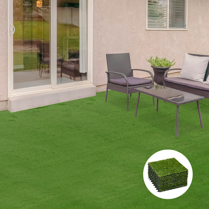 Relva Artificial 30x30cm 10 Peças com Altura de 25mm Alta Densidade 6500 Relva Artificial de Encaixe para Exterior Pátio Terraço Verde