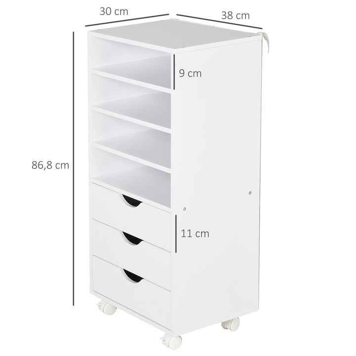 Móveis de escritório com 3 gavetas 4 prateleiras abertas 4 rodas 40x30x83 cm Branco