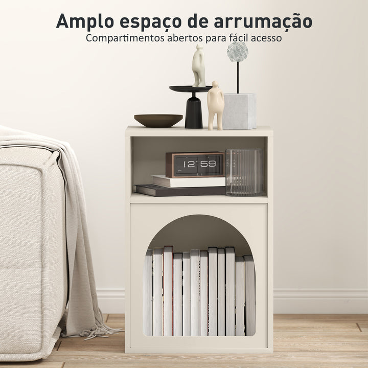 Mesa de Cabeceira Moderna Mesa de Cabeceira Estreita com 2 Compartimentos Abertos Desenho em Forma de Arco Mesa Auxiliar para Sala de Estar Quarto 40x30x60 cm Creme