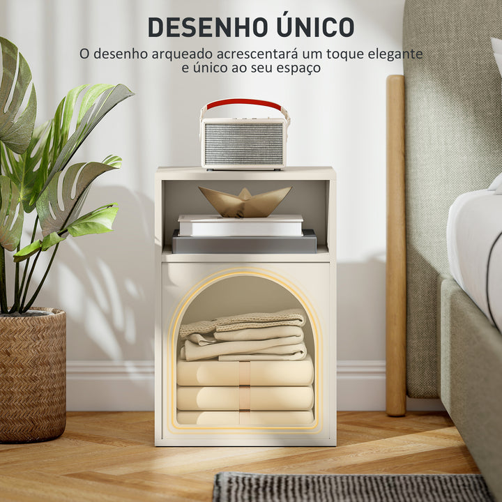 Mesa de Cabeceira Moderna Mesa de Cabeceira Estreita com 2 Compartimentos Abertos Desenho em Forma de Arco Mesa Auxiliar para Sala de Estar Quarto 40x30x60 cm Creme