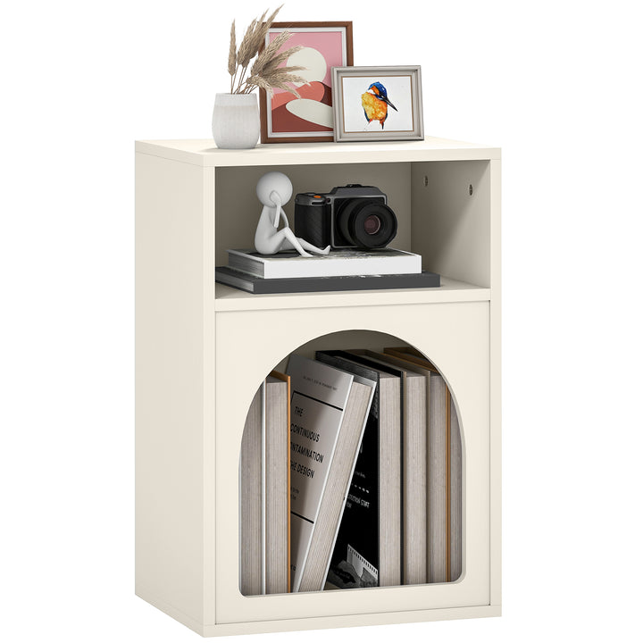 Mesa de Cabeceira Moderna Mesa de Cabeceira Estreita com 2 Compartimentos Abertos Desenho em Forma de Arco Mesa Auxiliar para Sala de Estar Quarto 40x30x60 cm Creme