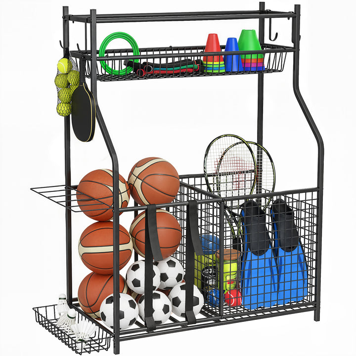 Organizador de Equipamentos Desportivos Armazenamento de Bolas para Garagem com Cesta Ganchos Removíveis e Faixas Elásticas Suporte para Bolas de Basquetebol Futebol para Casa Ginásio 92x42x109 cm Preto