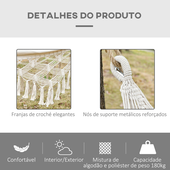 Cama de Rede Suspensa 288x150 cm Cama de Rede para Jardim de Algodão com Bolsa de Transporte Capacidade 180 kg para Pátio Terraço Campismo Creme