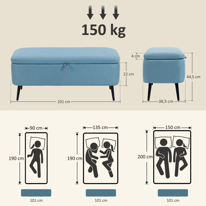 Banco de Armazenamento Estofado em Linho com Tampa Abatível e Pés de Aço para Dormitório Sala de Estar Entrada Carga Máxima 150kg 101x38,5x44,5 cm Azul Claro
