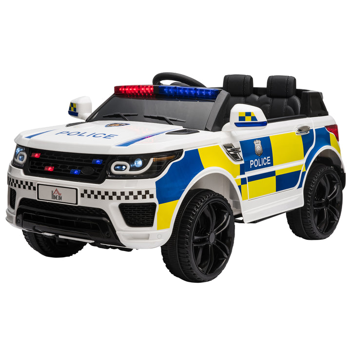 Carro Elétrico para Crianças acima de 3 Anos Carro Elétrico Infantil de Policia Carro a Bateria 12V com Controlo Remoto Bluetooth USB Luz Sirene 110x68x52 cm Branco