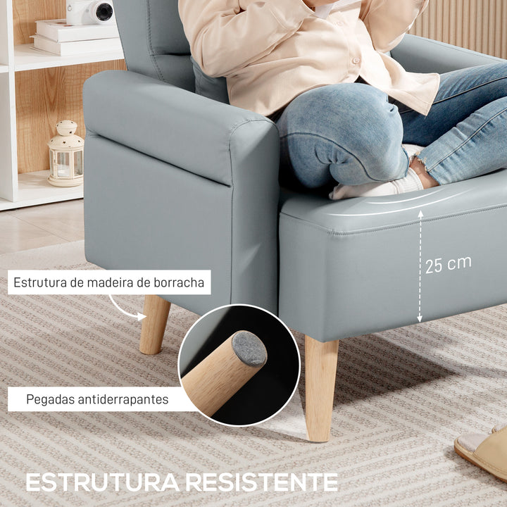 Poltrona Moderna Estofada em Couro Sintético com Apoios de Braço Acolchoados Encosto com Costuras e Pés em Madeira para Dormitório 77x78x78 cm Cinzento