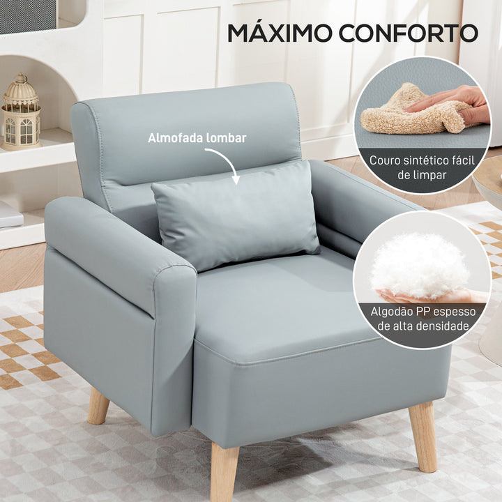Poltrona Moderna Estofada em Couro Sintético com Apoios de Braço Acolchoados Encosto com Costuras e Pés em Madeira para Dormitório 77x78x78 cm Cinzento