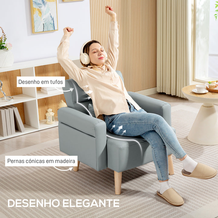 Poltrona Moderna Estofada em Couro Sintético com Apoios de Braço Acolchoados Encosto com Costuras e Pés em Madeira para Dormitório 77x78x78 cm Cinzento