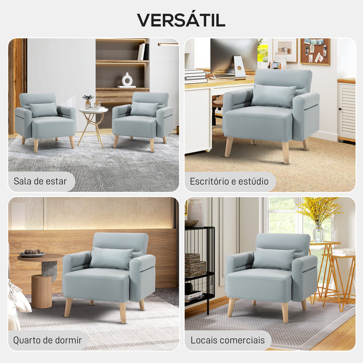 Poltrona Moderna Estofada em Couro Sintético com Apoios de Braço Acolchoados Encosto com Costuras e Pés em Madeira para Dormitório 77x78x78 cm Cinzento