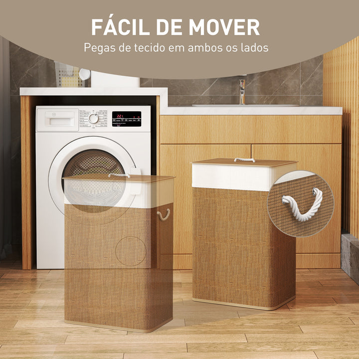 Cesto de Roupa com Tampa 72L Cesto de Roupa de Bambu com Bolsa Interior Removível e Alças para Lavandaria Dormitório 40x30x60 cm Madeira e Creme