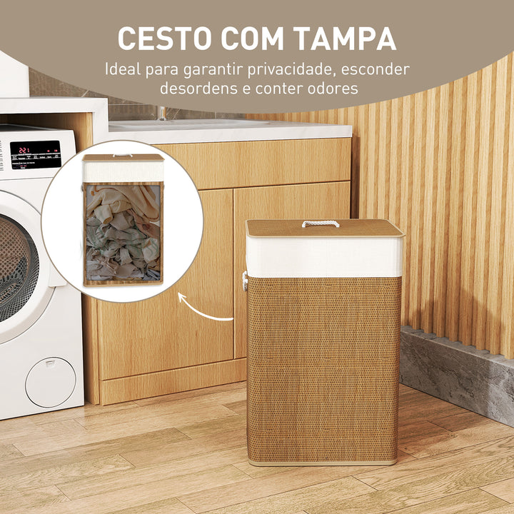 Cesto de Roupa com Tampa 72L Cesto de Roupa de Bambu com Bolsa Interior Removível e Alças para Lavandaria Dormitório 40x30x60 cm Madeira e Creme