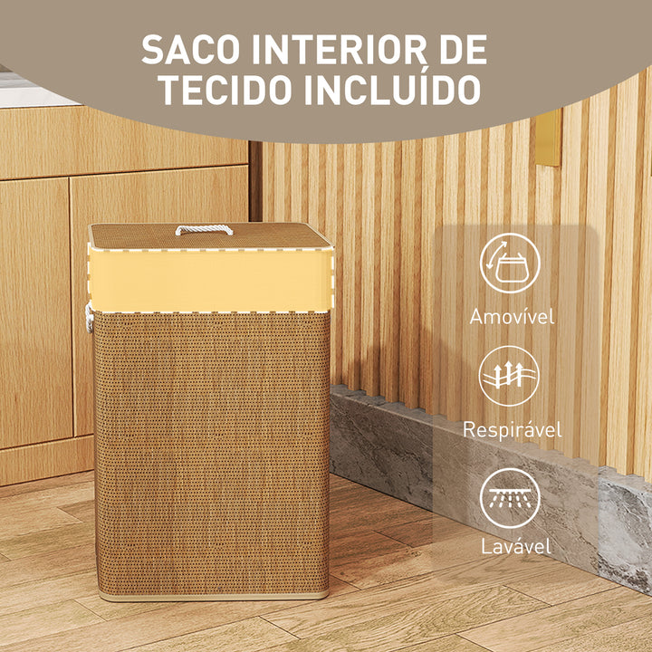 Cesto de Roupa com Tampa 72L Cesto de Roupa de Bambu com Bolsa Interior Removível e Alças para Lavandaria Dormitório 40x30x60 cm Madeira e Creme