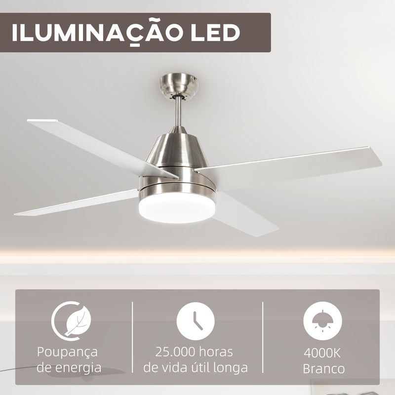 Ventoinha de Teto com Luz 46W Ø129 cm Motor DC Ventoinha de Teto Silencioso com 4 Lâminas Reversíveis Controlo Remoto 6 Velocidades e Temporizador para Quarto Sala Prata