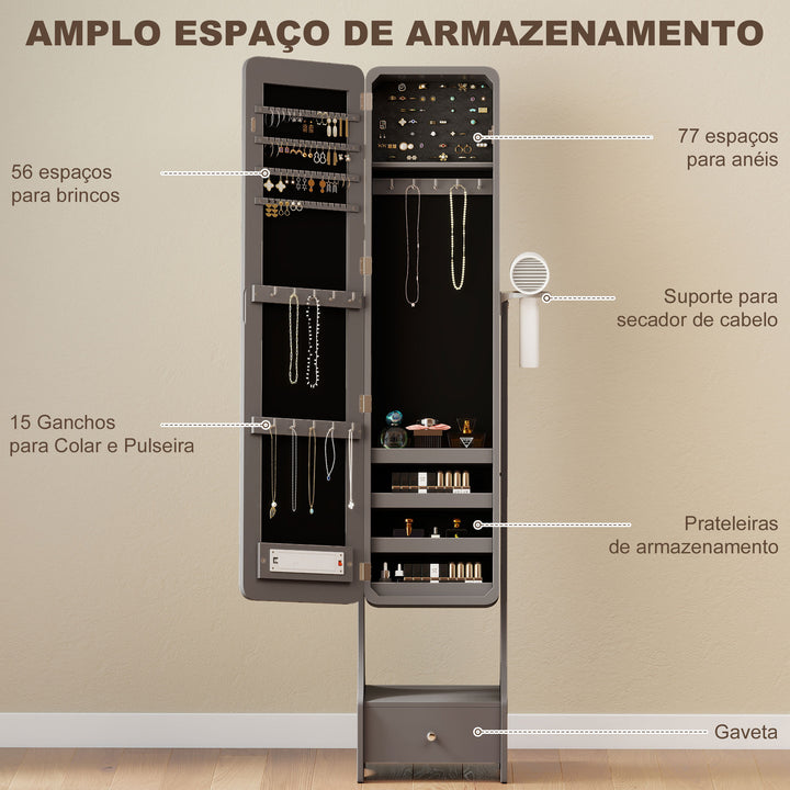 Espelho para Joias com Luzes LED Armário para Joias com Espelho de Corpo Inteiro Ajustável Gaveta Interruptor Tátil e Luzes com Desligar Automático Cinzento