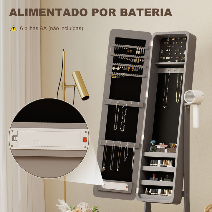 Espelho para Joias com Luzes LED Armário para Joias com Espelho de Corpo Inteiro Ajustável Gaveta Interruptor Tátil e Luzes com Desligar Automático Cinzento