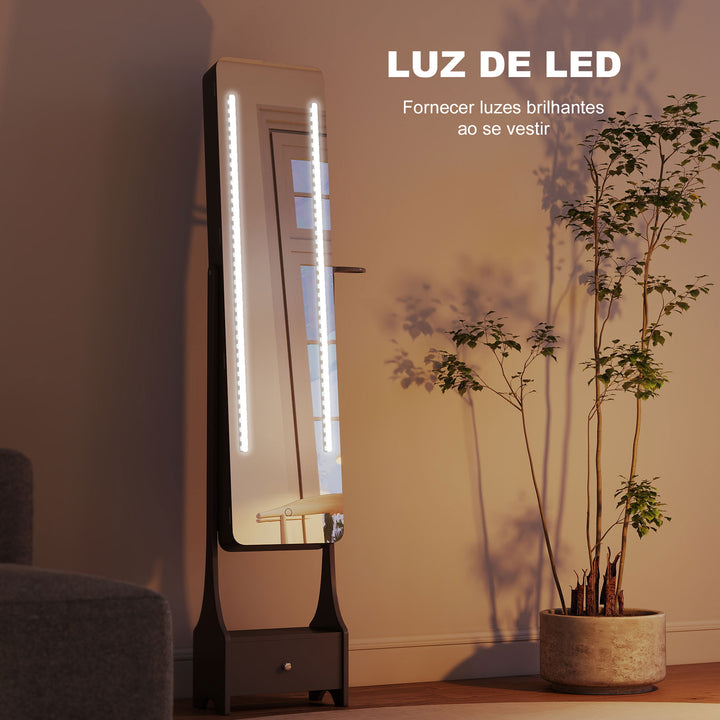 Espelho para Joias com Luzes LED Armário para Joias com Espelho de Corpo Inteiro Ajustável Gaveta Interruptor Tátil e Luzes com Desligar Automático Cinzento