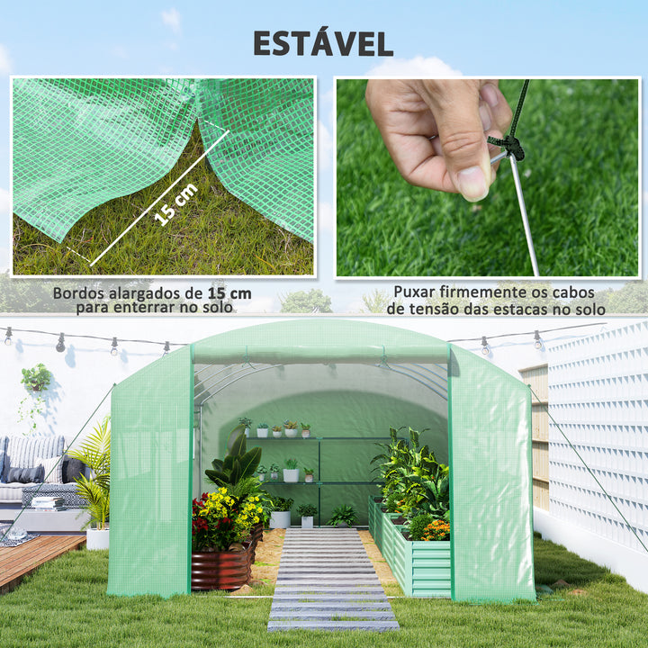 Estufa tipo Túnel 6x3x2 m Estufa de Exterior com 4 Janelas de Malha Cobertura de PE Anti UV e 3 Portas Enroláveis com Fecho de Correr Estufa para Jardim Pátio Verde