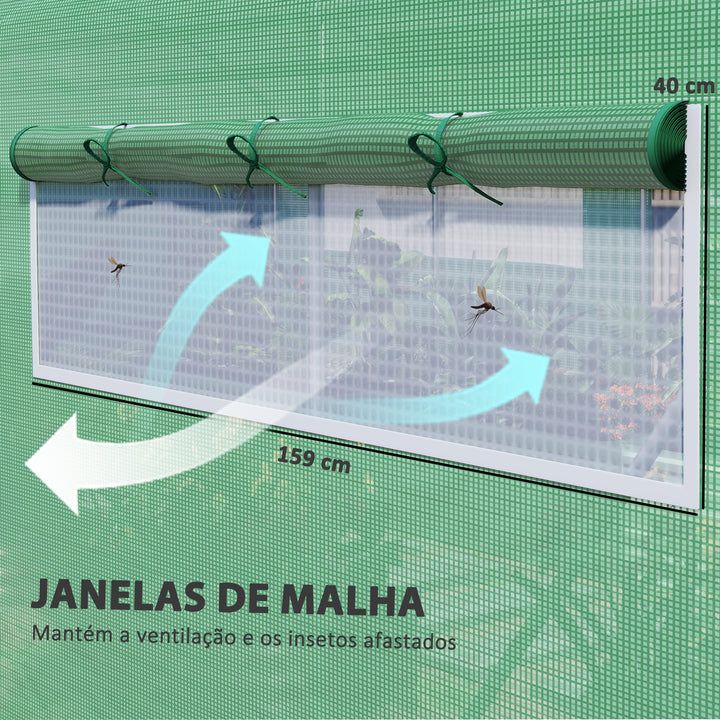 Estufa tipo Túnel 6x3x2 m Estufa de Exterior com 4 Janelas de Malha Cobertura de PE Anti UV e 3 Portas Enroláveis com Fecho de Correr Estufa para Jardim Pátio Verde