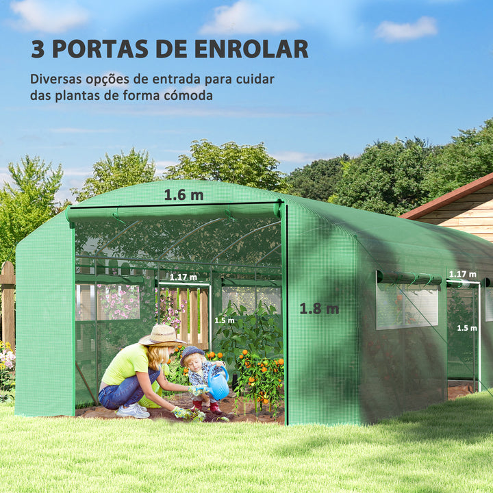 Estufa tipo Túnel 6x3x2 m Estufa de Exterior com 4 Janelas de Malha Cobertura de PE Anti UV e 3 Portas Enroláveis com Fecho de Correr Estufa para Jardim Pátio Verde