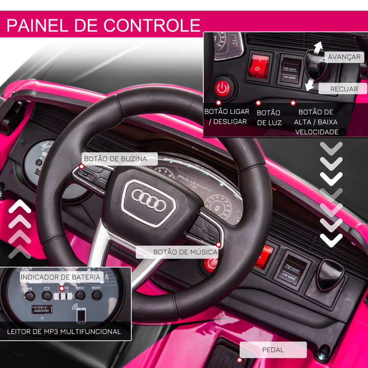 Carro Elétrico Infantil acima de 3 anos Licença Audi RS Q8 com Bateria 6V Controle a Distância Música MP3 Buzina e Luzes Velocidade Máx. 3km/h 101x62x51cm Rosa