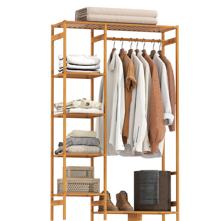 Suporte para Cabides de Bambu Cabideiro para Roupa com Prateleira de Armazenamento de 6 Níveis e Barra de Suspensão para Sala de Estar Dormitório Entrada 90x30x145 cm Madeira