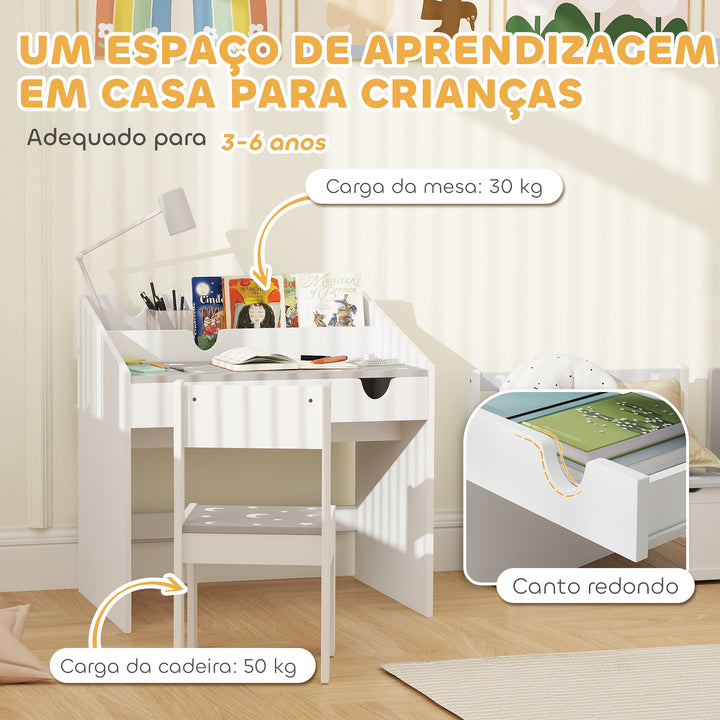 Conjunto de Secretária e Cadeira para Crianças acima de 3 Anos Secretária Infantil com Gaveta Amovível e Compartimento para Dormitório Sala de Jogos Cinza e Branco