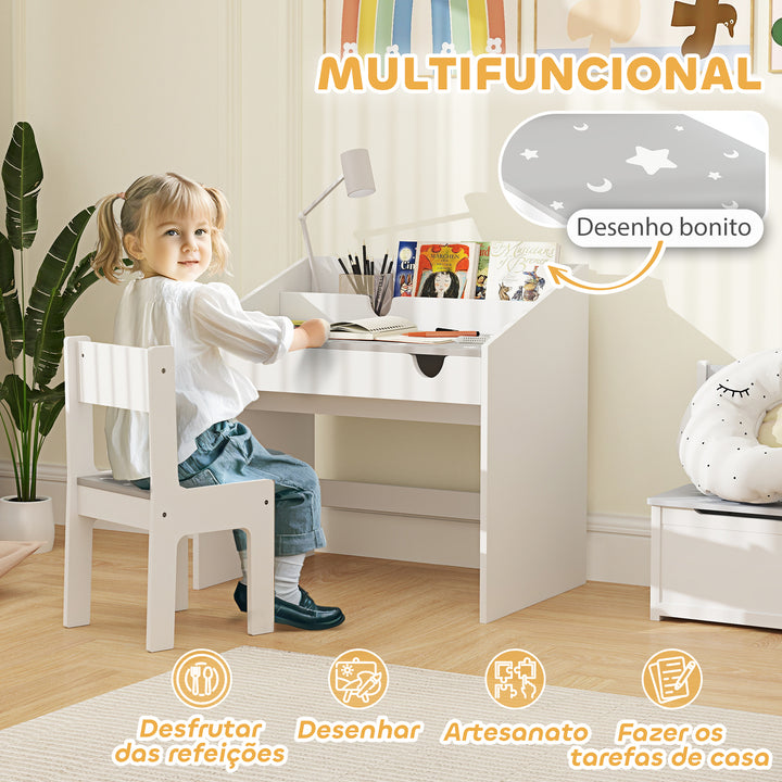 Conjunto de Secretária e Cadeira para Crianças acima de 3 Anos Secretária Infantil com Gaveta Amovível e Compartimento para Dormitório Sala de Jogos Cinza e Branco