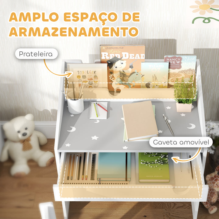 Conjunto de Secretária e Cadeira para Crianças acima de 3 Anos Secretária Infantil com Gaveta Amovível e Compartimento para Dormitório Sala de Jogos Cinza e Branco