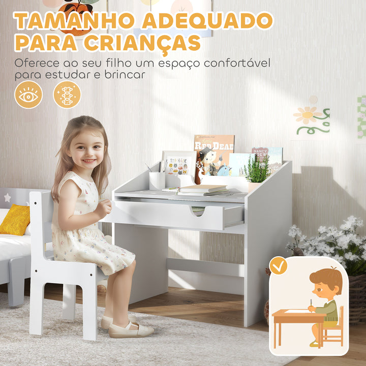 Conjunto de Secretária e Cadeira para Crianças acima de 3 Anos Secretária Infantil com Gaveta Amovível e Compartimento para Dormitório Sala de Jogos Cinza e Branco
