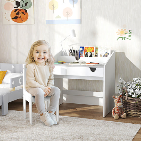 Conjunto de Secretária e Cadeira para Crianças acima de 3 Anos Secretária Infantil com Gaveta Amovível e Compartimento para Dormitório Sala de Jogos Cinza e Branco