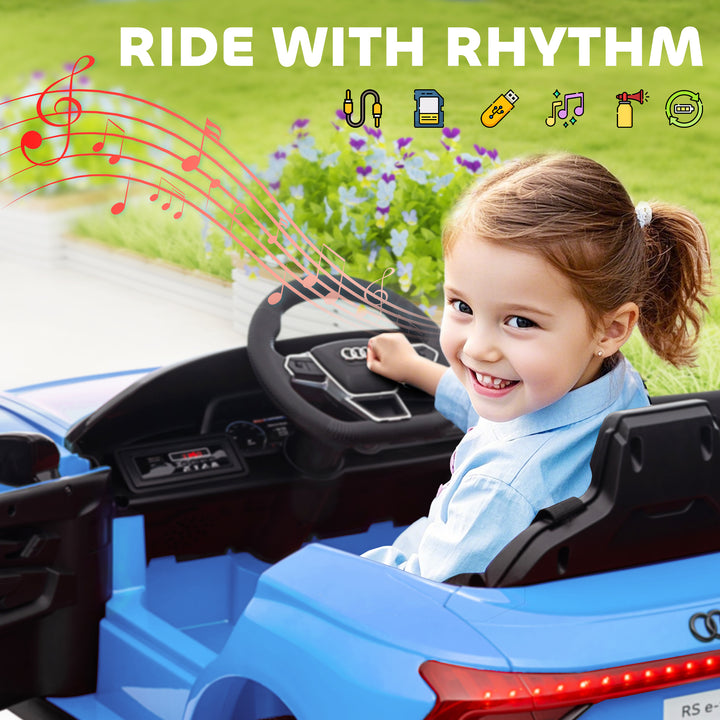 Carro Elétrico AUDI RS E-Tron GT para Crianças de 3-6 Anos Carro de Bateria 12V com 2 Motores Controlo Remoto Faróis LED Buzina Música USB e Abertura de Porta 3-5km/h 103x58x41cm Azul