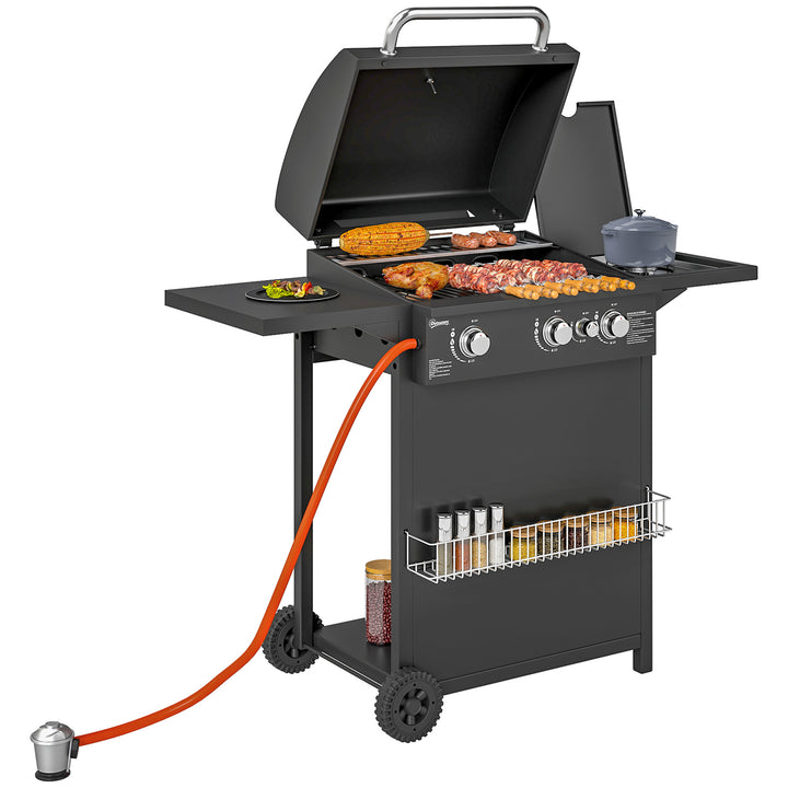 Barbecue a Gás com 3+1 Queimadores 8,5 kW Barbecue Portátil com Termómetro Mesa Lateral Grelha Recolhedor de Gordura 2 Rodas para Jardim Exterior Campismo 123x57x98 cm Preto