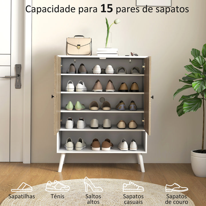 Sapateira de 2 Portas com Desenho em Espiga Sapateira para Entrada com Prateleiras Ajustáveis Compartimento Aberto para 15 Pares de Sapatos 75x35x97 cm Branco e Madeira