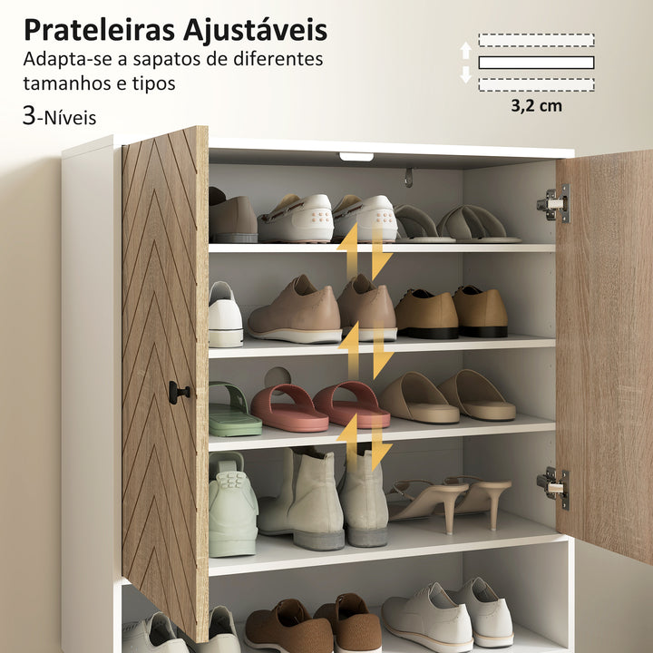 Sapateira de 2 Portas com Desenho em Espiga Sapateira para Entrada com Prateleiras Ajustáveis Compartimento Aberto para 15 Pares de Sapatos 75x35x97 cm Branco e Madeira