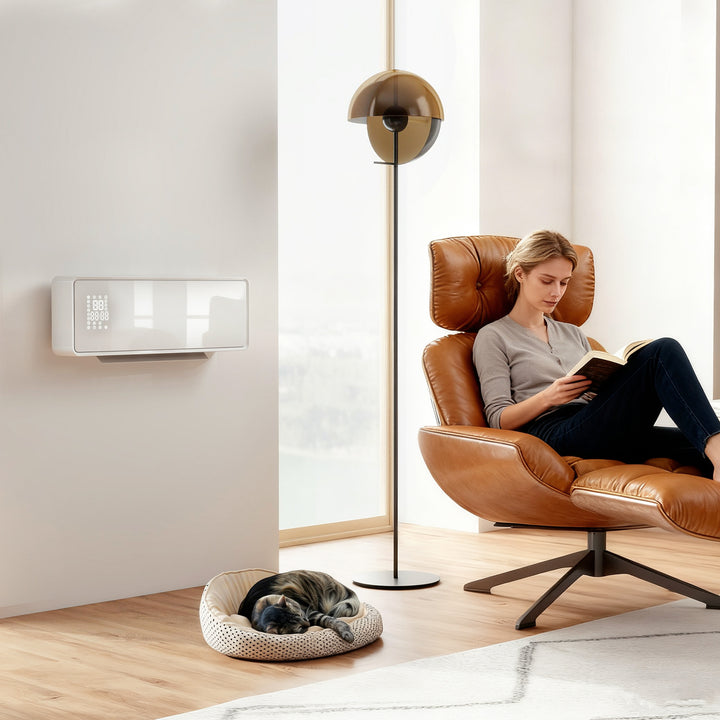Aquecedor Elétrico de Baixo Consumo Cerâmico de Parede 2000W com 3 Modos Ecrã LED Termostato Temporizador Oscilação Controlo Remoto Detecção de Janelas Abertas e Painel de Vidro 54x18,7x12,3 cm Branco