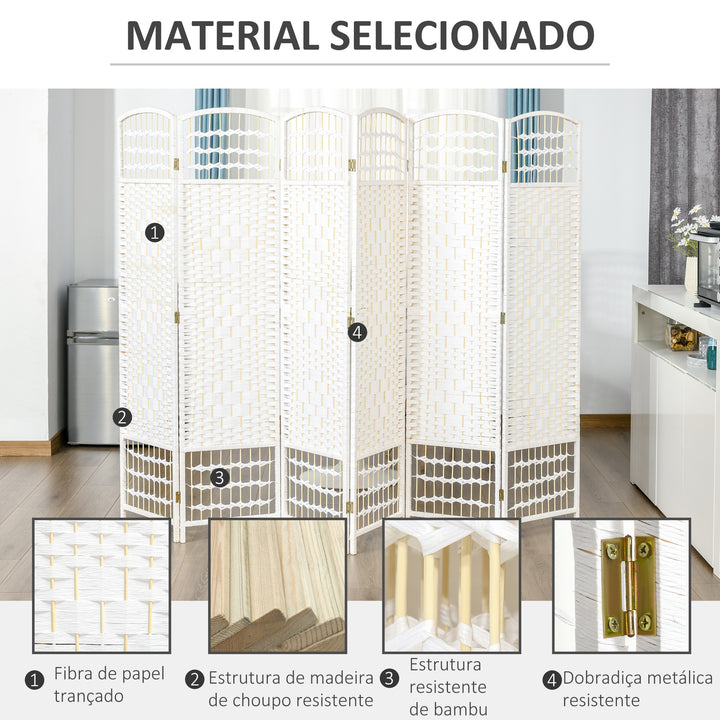 Biombo de 6 Paineis Separador de Ambientes Dobrável 242x170cm Divisória de Habitações de Fibra de Papel Decoração Elegante para Dormitório Sala de Estar Branco