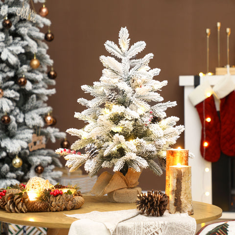 Árvore de Natal com 35 Luzes LED 60 cm Mini Árvore de Natal Artificial com 182 Ramos com Neve Pinhas Bagas e Base de Saco de Juta Decoração de Natal de Mesa para Casa Escritório Verde