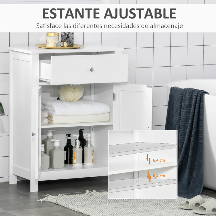 Armário de Casa de Banho com 1 Gaveta e Prateleira Interior Ajustável Móvel Auxiliar de Armazenamento Multifuncional para Sala de Estar Cozinha 60x30x80cm Branco