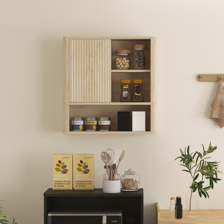 Armário de Casa de Banho de Parede Móvel de Casa de Banho com Prateleiras Ajustáveis Porta Deslizante Compartimentos e Desenho Elegante 60x20x62 cm Madeira