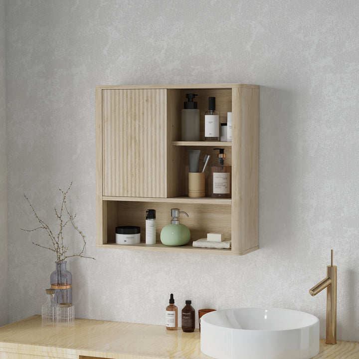 Armário de Casa de Banho de Parede Móvel de Casa de Banho com Prateleiras Ajustáveis Porta Deslizante Compartimentos e Desenho Elegante 60x20x62 cm Madeira