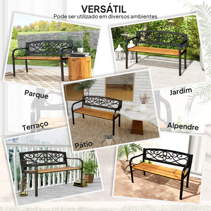 Banco de Jardim de 2 Lugares Banco de Exterior com Assento de Madeira e Estrutura de Aço para Pátio Varanda 127x56x80 cm Madeira e Preto