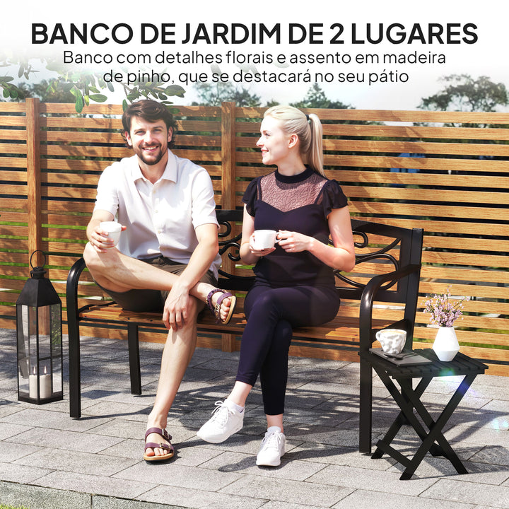 Banco de Jardim de 2 Lugares Banco de Exterior com Assento de Madeira e Estrutura de Aço para Pátio Varanda 127x56x80 cm Madeira e Preto