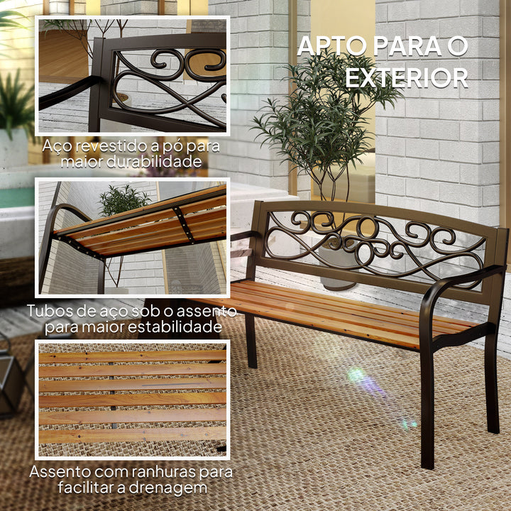 Banco de Jardim de 2 Lugares Banco de Exterior com Assento de Madeira e Estrutura de Aço para Pátio Varanda 127x56x80 cm Madeira e Preto
