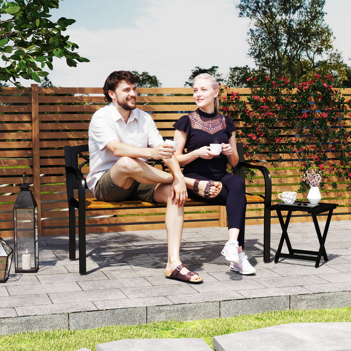 Banco de Jardim de 2 Lugares Banco de Exterior com Assento de Madeira e Estrutura de Aço para Pátio Varanda 127x56x80 cm Madeira e Preto